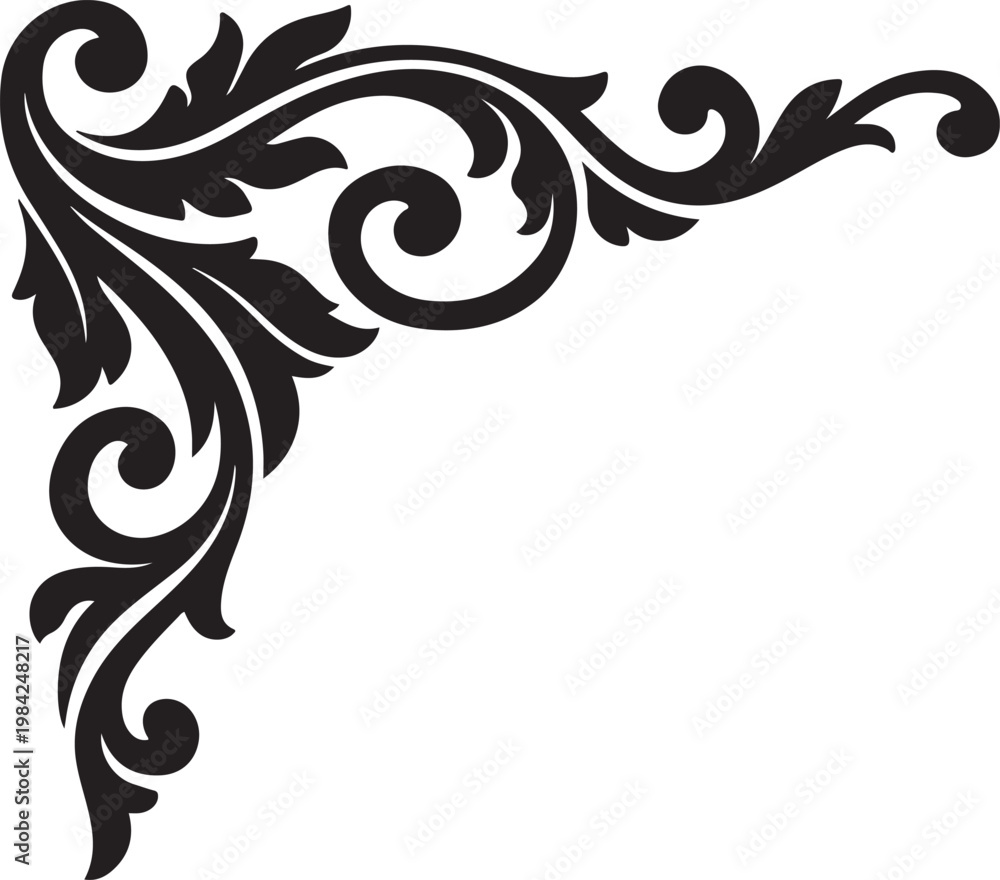 Fototapeta premium Ornate black floral corner design element on white background