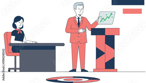 Wallpaper Mural Illustration of a businessman presenting a graph to a colleague at a desk in a modern office setting with a professional mood. Torontodigital.ca