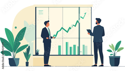 Wallpaper Mural Two businessmen in suits discussing a green line graph on a screen with plants nearby in a minimalist office setting. Torontodigital.ca