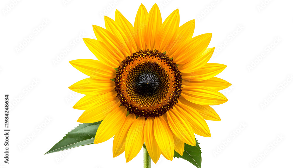 Fototapeta premium Isolated, vibrant sunflower with bright yellow petals, dark center, and green leaves
