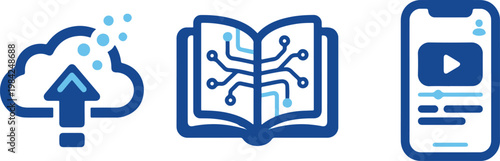 E-learning icons, online education symbols, digital learning graphics, mobile course signs