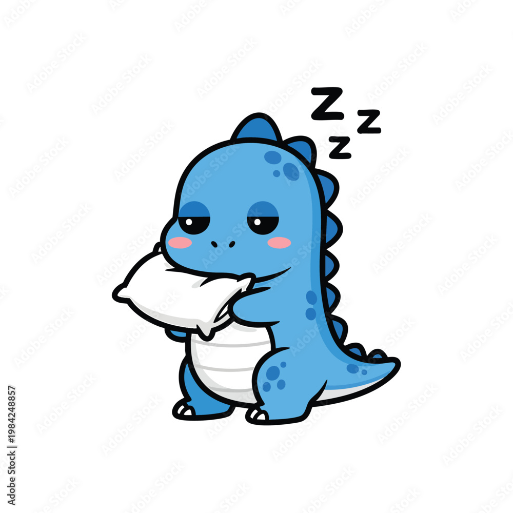 Fototapeta premium Cute baby blue dinosaur sleeping and holding a pillow, cartoon sticker illustration.