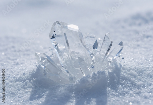 Clear Quartz Crystal Cluster on Snow – Transparent Ice Gemstone Macro Close-Up, Frozen Winter Mineral Formation, Sparkling Luxury Nature Background with Frost Texture.