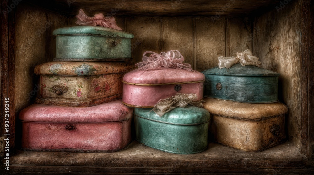 Obraz premium A charming collection of stacked antique hatboxes in muted pastel colors adorned with delicate bows, creating a nostalgic display on a wooden shelf.