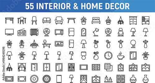 Interior and home decor icons set illustration with furniture lighting appliances and decorative elements, household design collection minimal line style