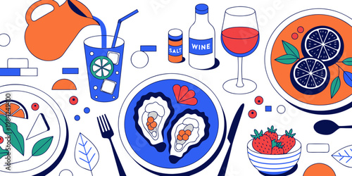 Abstract flat vector illustration of a gourmet seafood dinner table setting with oysters and wine illustration beverage strawberries restaurant appetizer lifestyle culinary decoration