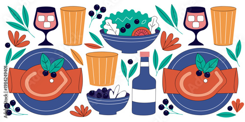 Modern minimalist vector graphic featuring a balanced meal with salad and meat dishes beverage vegetables culinary gastronomy illustration minimalist blueberries restaurant appetizer