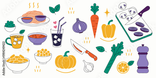 Set of flat vector kitchen icons featuring fresh vegetables pasta and cooking utensils vegetables ingredients mushrooms culinary gastronomy nutrition vegetarian homemade lifestyle minimalist
