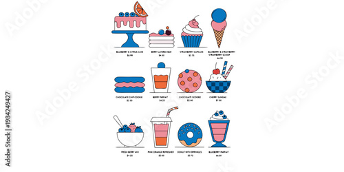 Menu of assorted sweet desserts and snacks with prices desserts illustration collection blueberry strawberry chocolate refreshments restaurant delicious assorted minimalist colorful