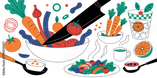 Flat vector illustration of fresh vegetables kitchen tools and healthy salad preparation with vegetables nutrition ingredients preparation utensils tomatoes beverage homemade chopping