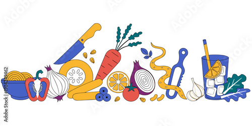 Flat vector banner of healthy cooking ingredients and fresh garden vegetables with vegetables ingredients nutrition vegetarian culinary gastronomy homemade lifestyle illustration minimalist