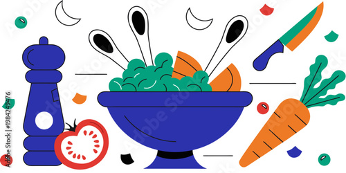 Minimalist vector graphic of green salad bowl with carrot slices and kitchen pepper mill vegetables ingredients nutrition preparation homemade vegetarian lifestyle illustration minimalist