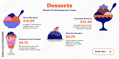 Online menu for gourmet desserts with ordering button desserts ordering illustration restaurant chocolate pistachio delicious confectionery minimalist colorful assorted refreshments