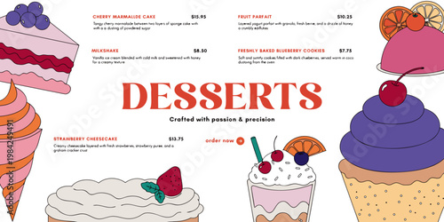 Dessert menu card design with illustrated cakes milkshakes pastries with descriptions and prices bakery menu bakery goods illustration restaurant strawberry cheesecake milkshake colorful