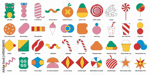 Illustrated guide of various candies jellies desserts with names for confectionery display ice cream jelly bean candy guide sweet food bubble gum pop rock peanut butter whipped cream