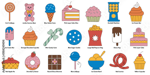 Set of assorted sweet desserts and colorful sugary treats in a flat doodle style collection with ice cream sugar coated candy cane lollipop confectionery chocolate colorful illustration