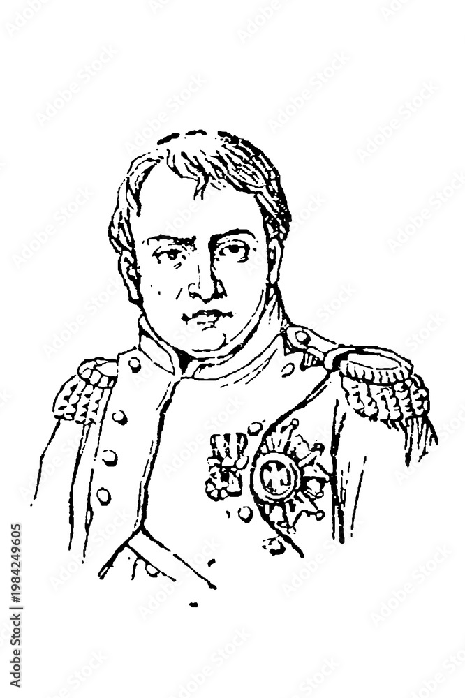 Fototapeta premium Napoleon I Bonaparte, detailed black-and-white military portrait with uniform, medals, and ornate epaulettes, old vintage illustration, 1897.