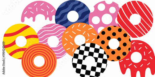 Collection of colorful glazed donuts with various patterns bakery shop menu design sweet tooth sweet treat junk food polka dot doughnut illustration sprinkles colorful delicious isolated