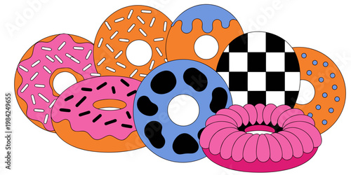Assorted decorated donuts composition flat vector illustration with bakery shop menu design sweet tooth sweet treat junk food doughnut illustration sprinkles colorful delicious isolated