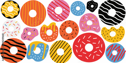 Large collection of assorted colorful donuts with various toppings and glaze patterns toppings assorted colorful collection illustration doughnut delicious sprinkles isolated creative