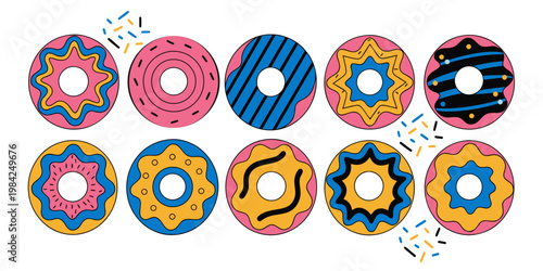 Collection of colorful decorated donut icons with bakery shop menu design sweet tooth sweet treat junk food icon doughnut illustration sprinkles colorful delicious isolated collection