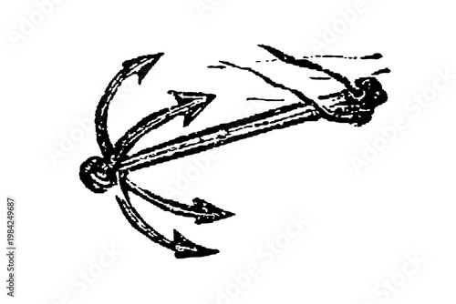 Photos Hand gripping a grappling hook anchor, pointed flukes and curved shank, motion implied, plain white background, old vintage illustration, 1897