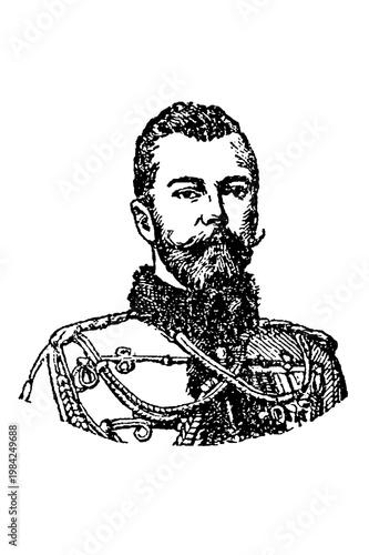 Tableau sur toile Emperor Nicholas II of Russia, bearded monarch in ornate military uniform with detailed braid work, epaulettes, and medals, old vintage illustration, 1897