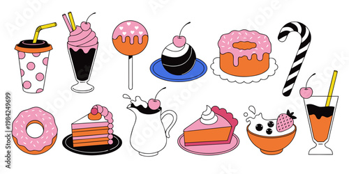 Set of assorted sweet desserts cakes ice cream and drinks with cherries whipped cream milkshake illustration collection delicious beverage strawberry isolated creative breakfast culinary