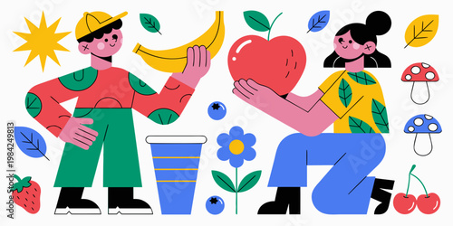 People choosing healthy fresh food flat vector illustration with nutrition wellness lifestyle illustration strawberry mushroom character balanced vitamins nutrients delicious positive