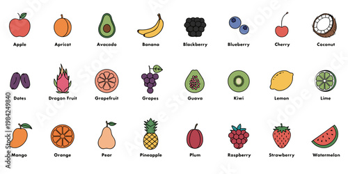 Set of 21 colorful fruit icons with labels arranged in a grid for healthy nutrition concepts nutrition collection colorful illustration wellness vitamins minimalist isolated culinary
