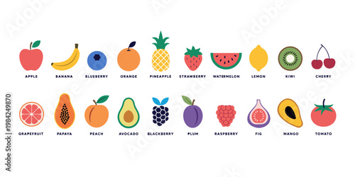Set of colorful flat vector icons of assorted fresh fruits and berries with names collection tropical strawberry pineapple watermelon grapefruit blackberry raspberry nutrition colorful