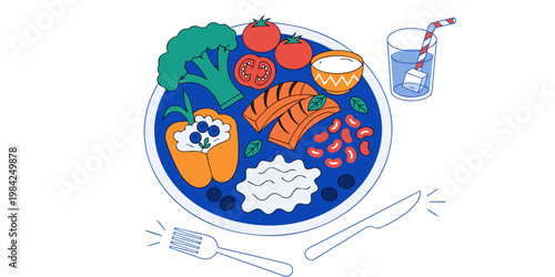 Balanced grilled salmon and vegetable dinner plate illustration with vegetables broccoli tomatoes nutrition culinary restaurant balanced illustration delicious prepared wholesome homemade