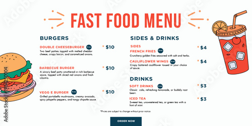 Modern fast food menu design with burgers sides and drinks french fries iced tea cauliflower cheeseburger barbecue soft drinks template restaurant illustration typography delicious