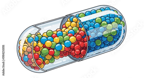 Medical capsule, colorful pills, pharmaceutical icon, health supplement, vector graphic
