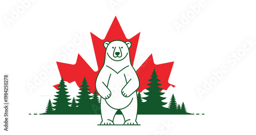 Polar bear in front of canadian maple leaf with evergreen trees landscape