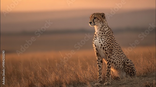 Elegant cheetah sits at sunset on hill looking over savanna.