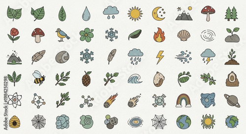 Collection of Hand Drawn Nature and Weather Icons.