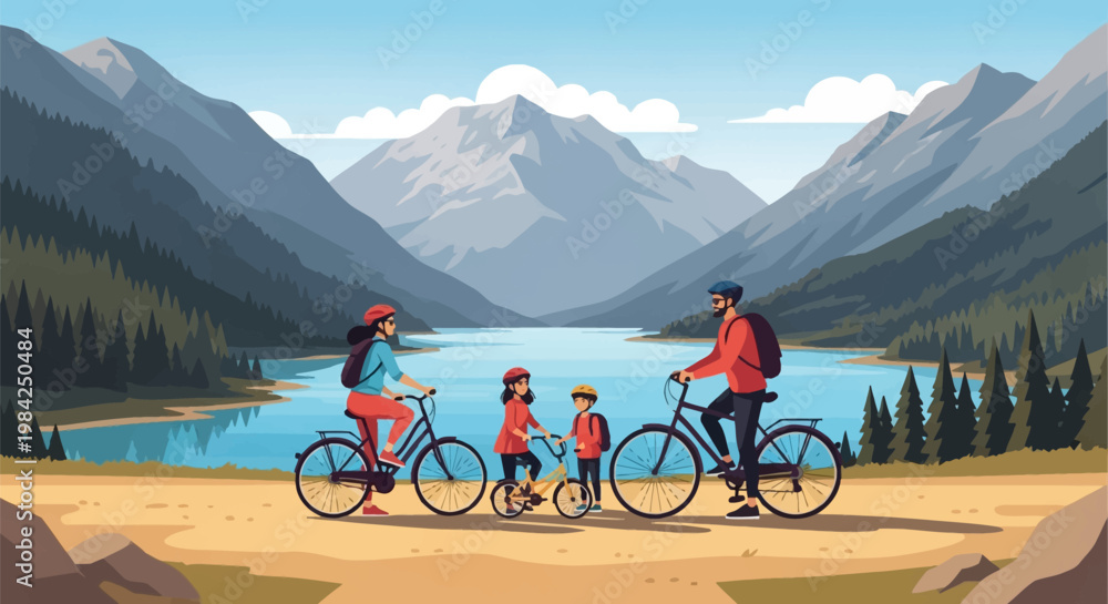 Fototapeta premium Vector illustration of a family with two children on a bicycle trip along a scenic mountain lake, featuring parents and kids in helmets cycling through a lush alpine landscape.