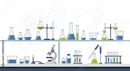 Laboratory equipment, science lab glassware, chemistry beakers, test tubes, vector icons