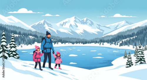 Vector illustration of a father hiking with his two young daughters in a snowy mountain landscape featuring a frozen lake, evergreen forest, and snow-covered peaks under a clear sky.
