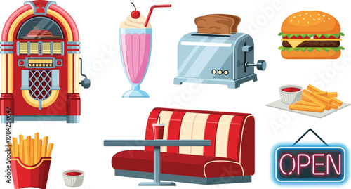 Retro American Diner Set with Jukebox, Milkshake, Burger, Fries, Toaster, Booth Seat, and Open Sign for Vintage Food Designs