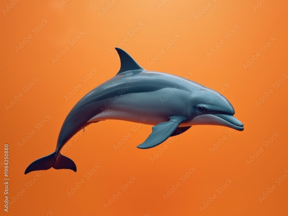 Fototapeta premium Realistic Dolphin Illustration on Orange Background. Detailed 3D rendering of a dolphin swimming against a solid orange backdrop.