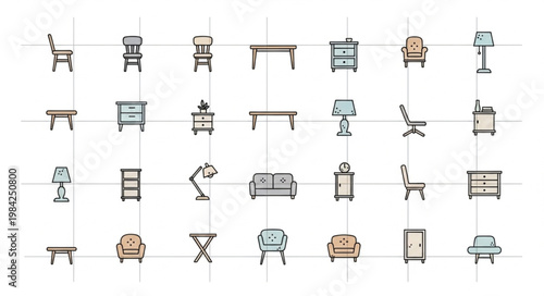 Collection of Furniture Icons for Interior Design and Home Decor.