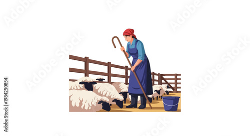 Vector illustration of a female shepherd tending a flock of sheep in a wooden pen, holding a traditional wooden crook staff while wearing a red headscarf and blue work apron outfit.