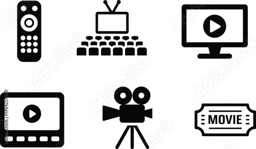 Entertainment media icons set with remote cinema screen video player camera and ticket, digital streaming movie symbols vector illustration