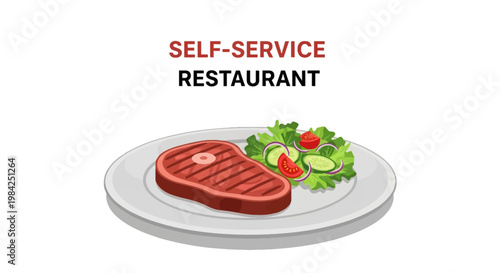 A graphic illustration for a self-service restaurant menu or flyer featuring a cooked grilled beef steak on a white ceramic plate served with a fresh green side salad on white background.