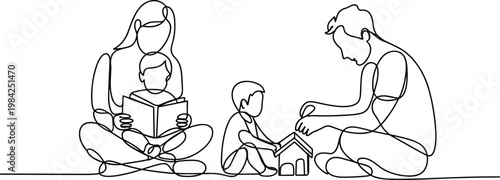 Happy family spending time together line art illustration, parents with children reading and playing, home bonding concept, minimal lifestyle outline design