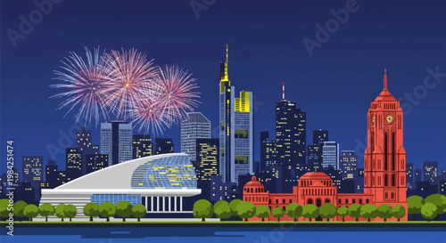 Detailed vector illustration of the Frankfurt am Main city skyline at night with fireworks over skyscrapers, modern financial district buildings, historic red architecture, and trees.