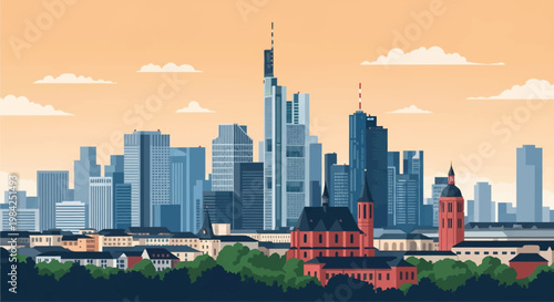 Vector illustration of the Frankfurt am Main skyline including modern skyscrapers and historical architecture with a park in the foreground under a warm sunset sky with clouds.