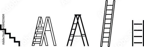 Fotografie Ladder types set line art illustration stairs step ladder extension ladder equip